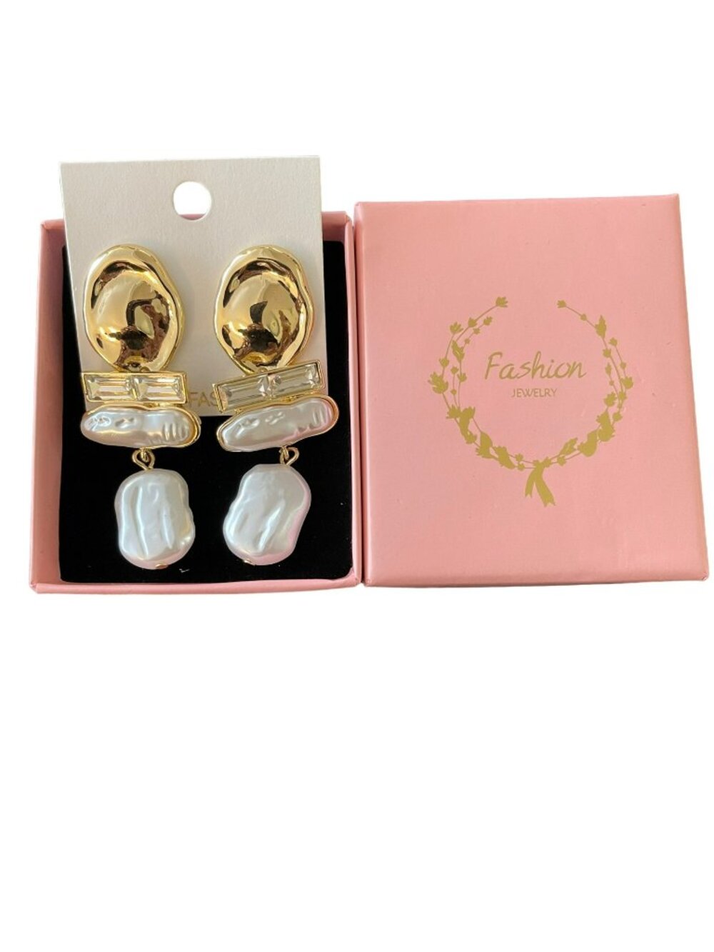 Gold Pearl Crystal Dangling Fashion Earrings New with box